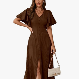 Women's Pleated Midi Dress with Flutter Sleeves | V-Neck Western Dress for Women | Elegant A-Line Summer Outfit | Office & Casual Wear
